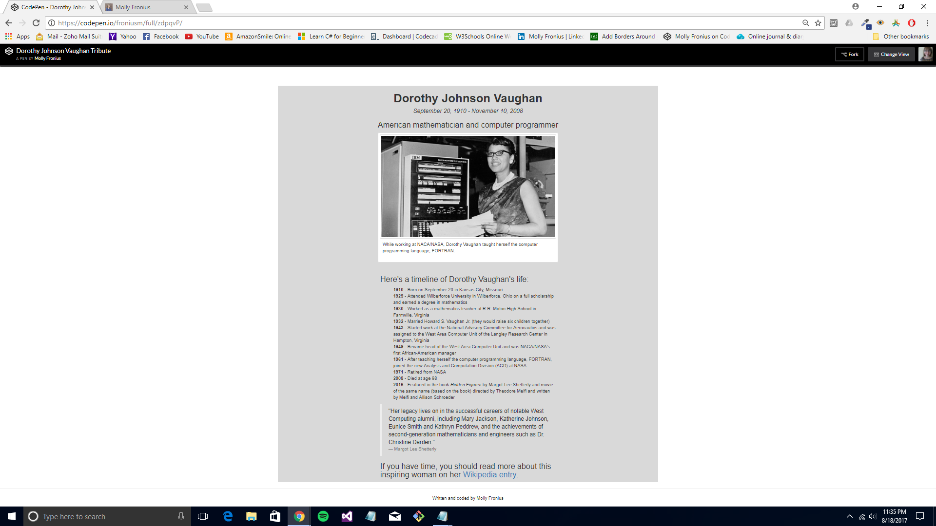 Screenshot of Dorothy Vaughan tribute page I created.