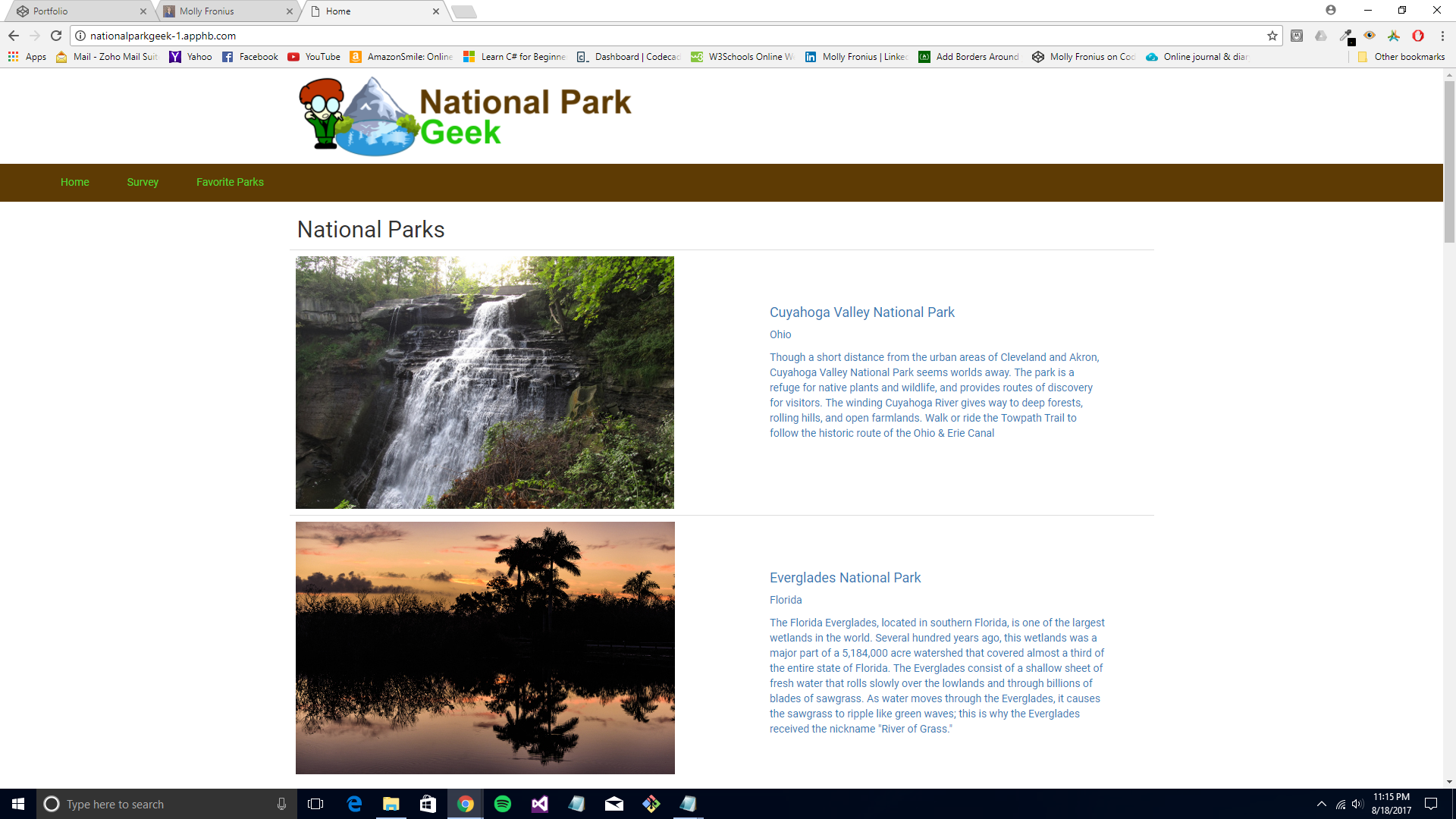 Screenshot of National Park Geek capstone project.